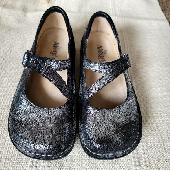 ALEGRIA DAYNA ICE ICE BABY leather clogs METALLIC SILVER BLACK Size 6.5 36 - Picture 1 of 7